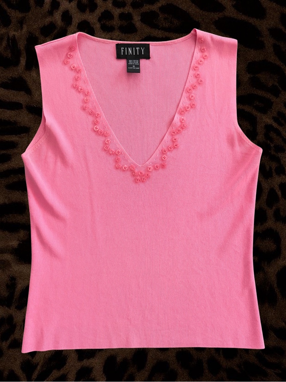Finity Bright Pink V-Neck Sleeveless Knit Tank W/ Button Embellishments